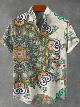 Summer Men's Printed Short Sleeve Shirt Vintage Linen Shirt Men's Festival Casual Short Sleeve Top Street Trend Fast Delivery
