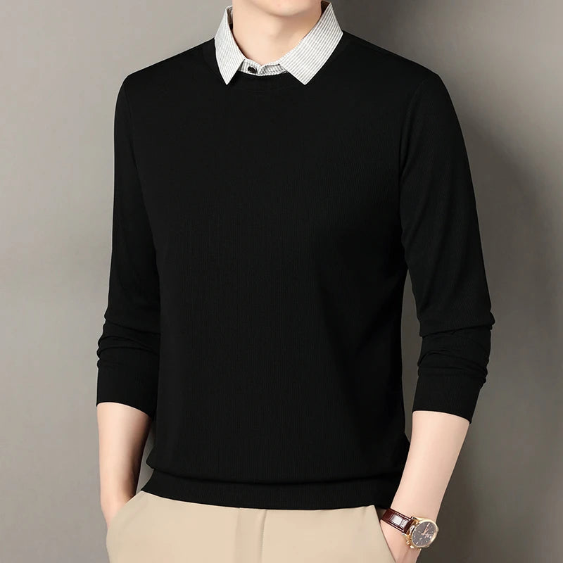 2026 New Men's Fake Two Piece Polo Shirt Casual Fashion Long Sleeve Collar T-shirt Versatile Top