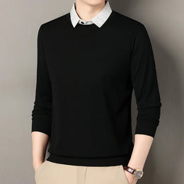 2026 New Men's Fake Two Piece Polo Shirt Casual Fashion Long Sleeve Collar T-shirt Versatile Top