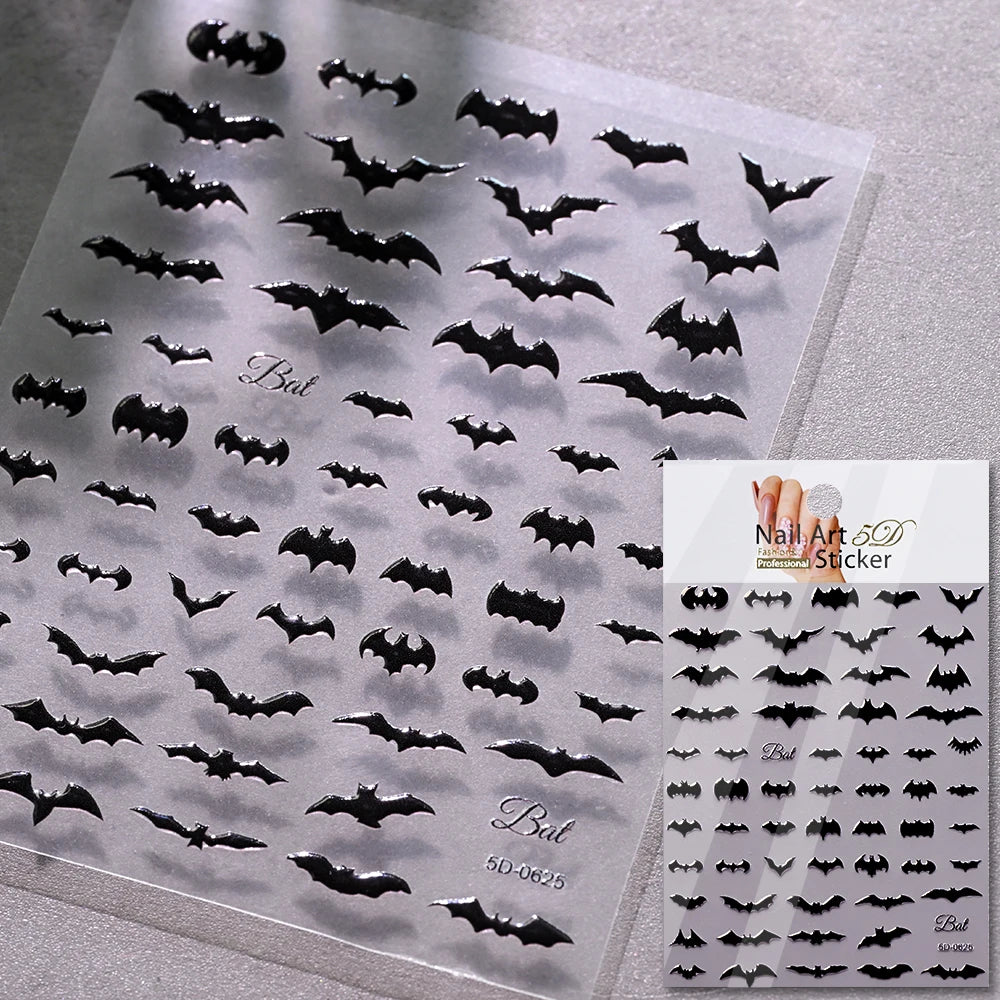 5D Skeleton Bat Halloween Nail Art Stickers y2k Black Bat White Skull Adhesive Emobossed Nail Decorative Decals Halloween Slider