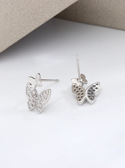 Butterfly Full Diamond Stud Ladies Simple Everything Temperament S925 Silver Plated Earrings Small Exquisite Send Girlfriend