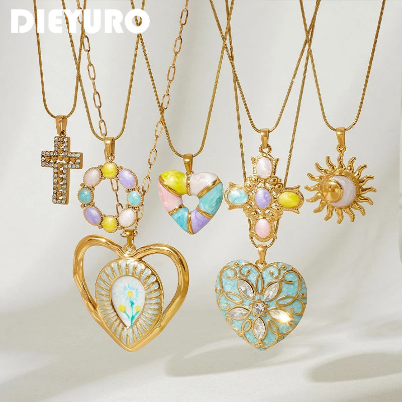 DIEYURO Multicolor Pastel Enamel Heart Cross Sun Floral Pendant Necklace Collection Lady Stainless Steel Waterproof Jewelry Gift