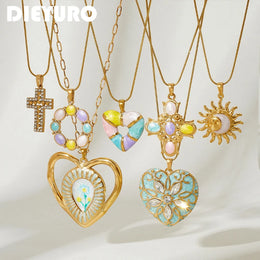 DIEYURO Multicolor Pastel Enamel Heart Cross Sun Floral Pendant Necklace Collection Lady Stainless Steel Waterproof Jewelry Gift