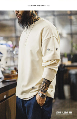Maden Men's V-Neck T-Shirt Long Sleeve Pullover Solid Color Casual Basic Base Layer For Spring Autumn Soft Breathable Top