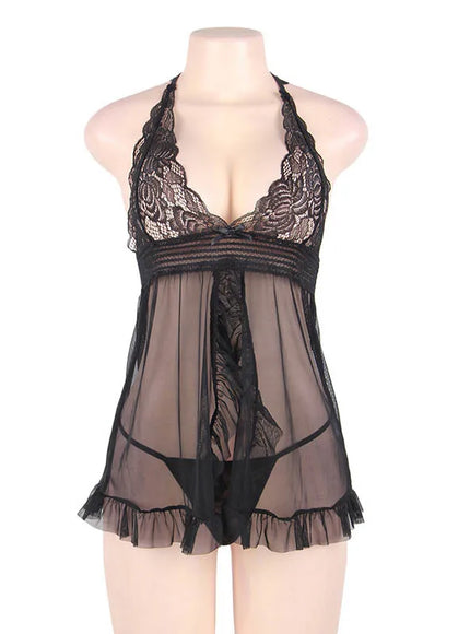 Plus size half tansparent mesh satin women sexy lingerie set nightgown and sleepshirts babydoll chemise with G-String from M-5XL