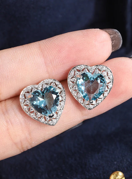 KissIcon 925 Silver Plated Heart Earrings - Blue Zircon