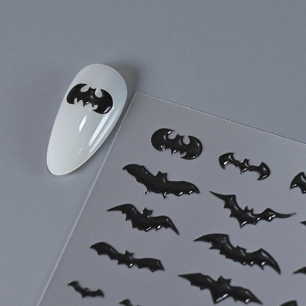 5D Skeleton Bat Halloween Nail Art Stickers y2k Black Bat White Skull Adhesive Emobossed Nail Decorative Decals Halloween Slider