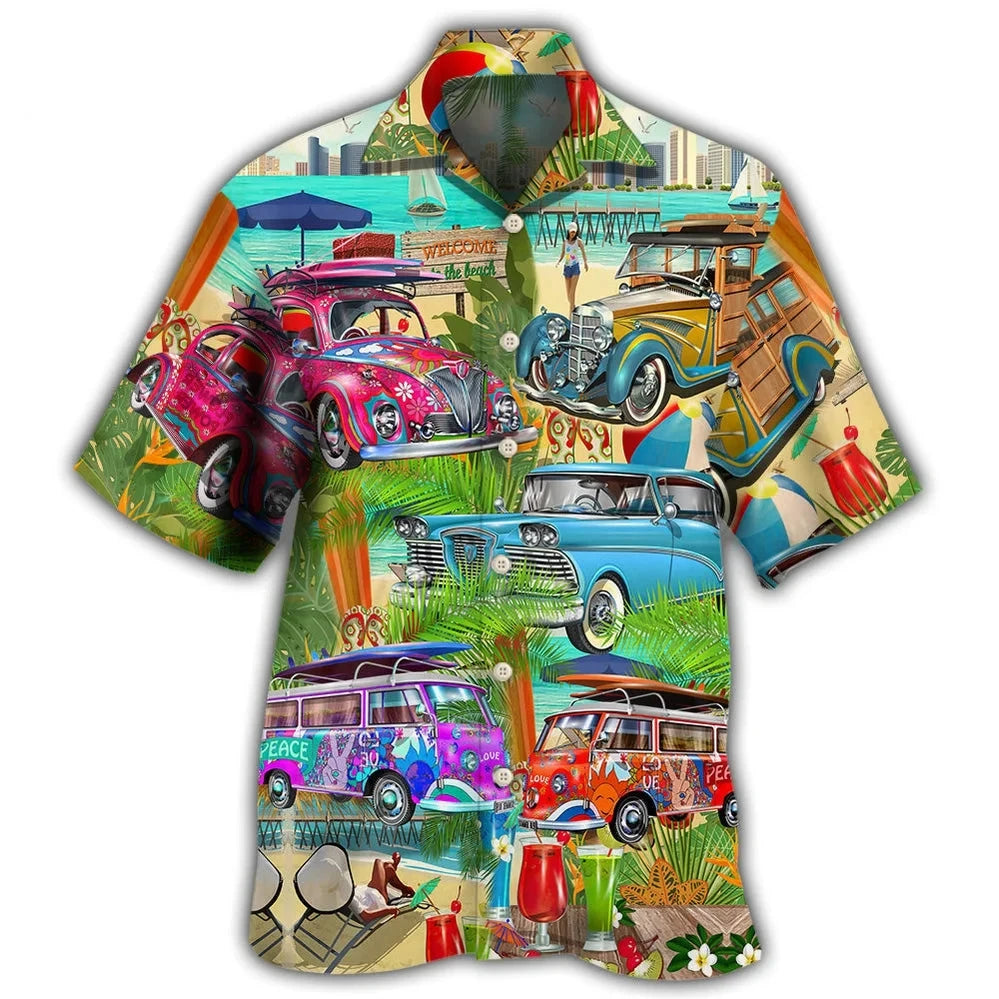 Hawaiian Men Shirt 3D Car Print Short Sleeve Blouse Summer Beach Vacation single Breasted Fashion Lapel Men's Clothing