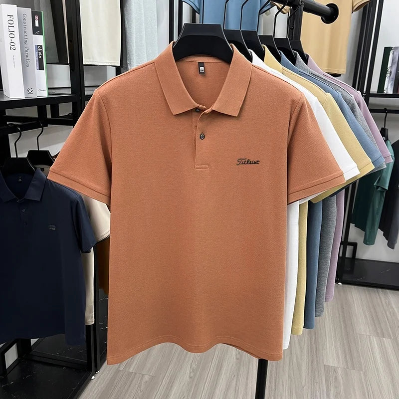 Men's Summer New Cotton 100% Short-Sleeved Polo Shirt, Collar Brand Printed T-Shirt, Breathable Casual Business Men's Clothing