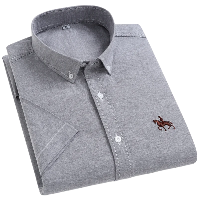 100% Cotton Oxford Shirt Men's Summer short sleeved Sleeve Embroidered Horse Casual Without Pock et Solid Shirt Plus Size S-6XL