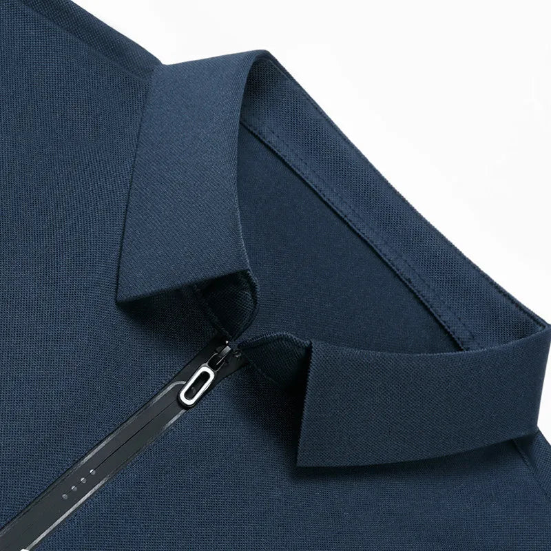 New Men's Business Casual Zipper Short Sleeve Solid Color Polo Shirt Fashionable Warm Comfortable Four Seasons Versatile Top