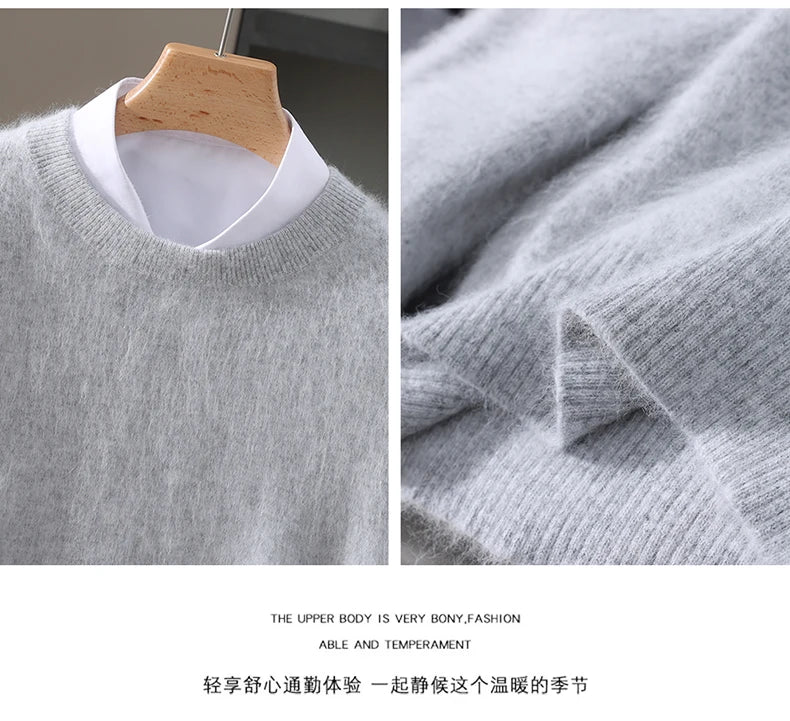 Autumn Winter New Men's Sweater Round Neck Loose Pullover Knitted Sweater Casual Solid Color Thickened 100% Mink Cashmeresweater