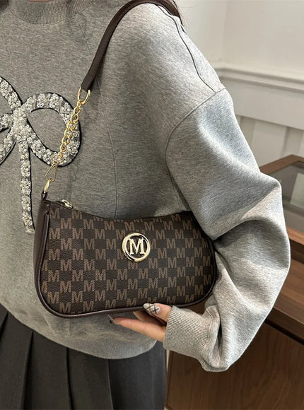 Vintage Style Handbag Crossbody Bag, Gold Letter 'M' Design Pu Leather Shoulder Messenger Bag, Synthetic Leather Tote Bag, Purse