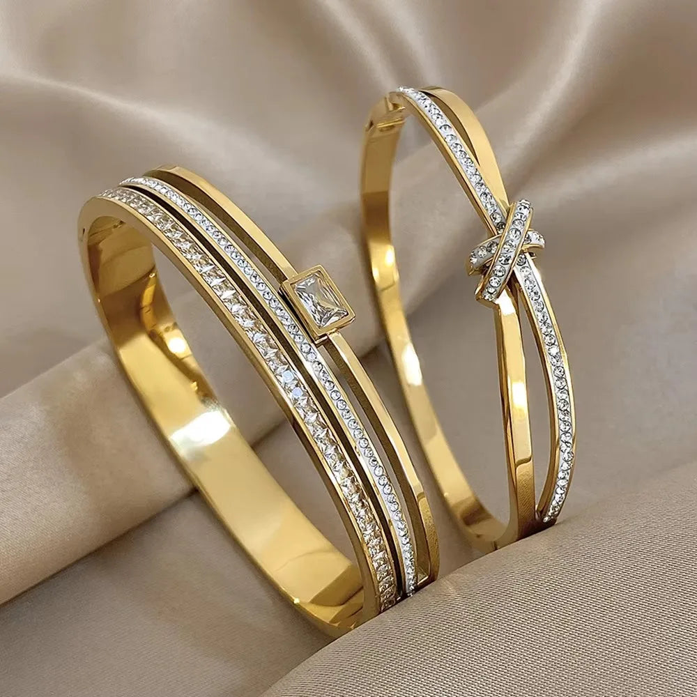 Luxury Stainless Steel Cuff Bracelet Bangle Set for Women Men Gold Plated Bracelets Inlaid White Rhinestone Wide Bangles Gift