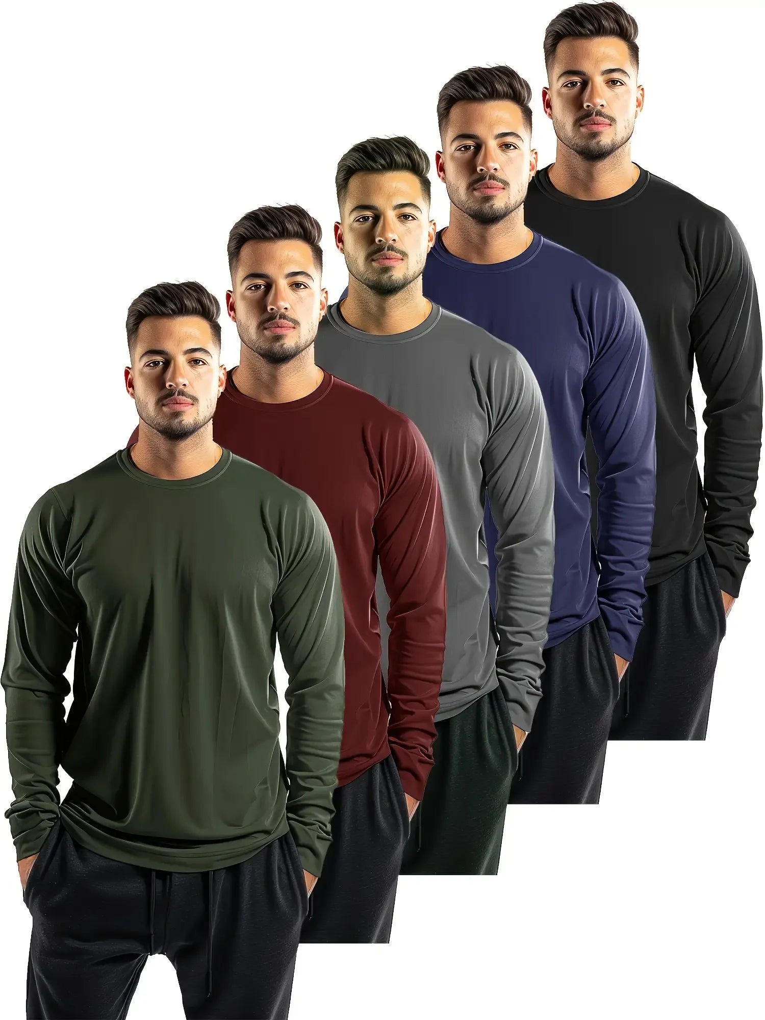 5-piece men's solid color round neck long sleeved T-shirt, versatile design, comfortable and fashionable