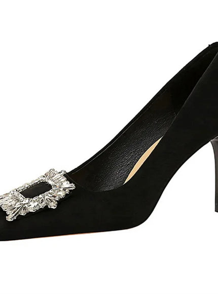 Fashion Women High Heels Metal Rhinestone Buckle Square