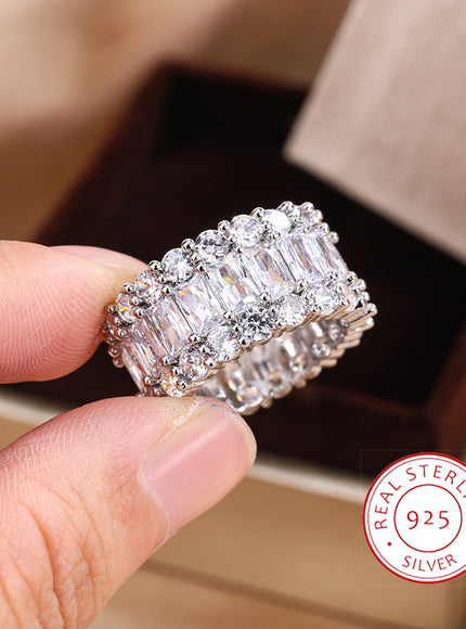 KissIcon S925 Silver Plated Colorful Big Band Ring - Zircon