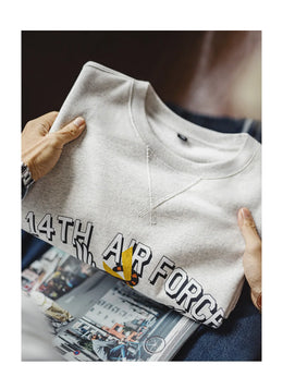 Maden Men's Vintage Print Sweatshirt Light Grey Loose Fit Knit Pullover Long Sleeve Round Neck Casual Top for Spring and Autumn