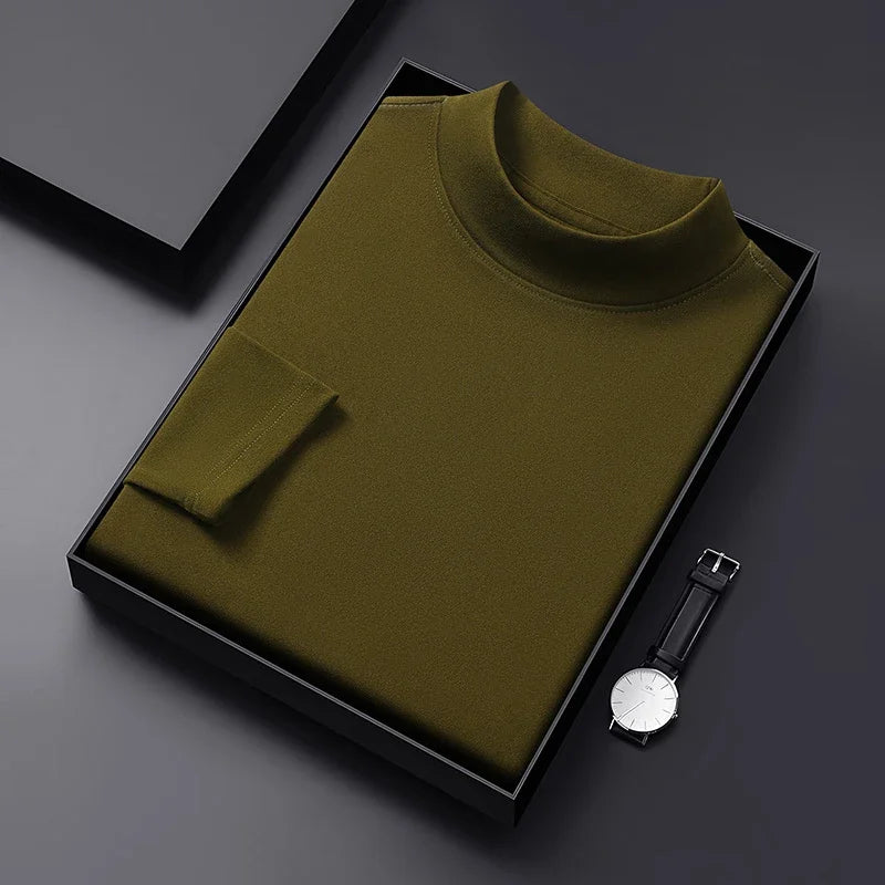 2026 New Men's Casual Solid Color High Collar Velvet Long Sleeve T-shirt Spring and Autumn Versatile Comfortable Top