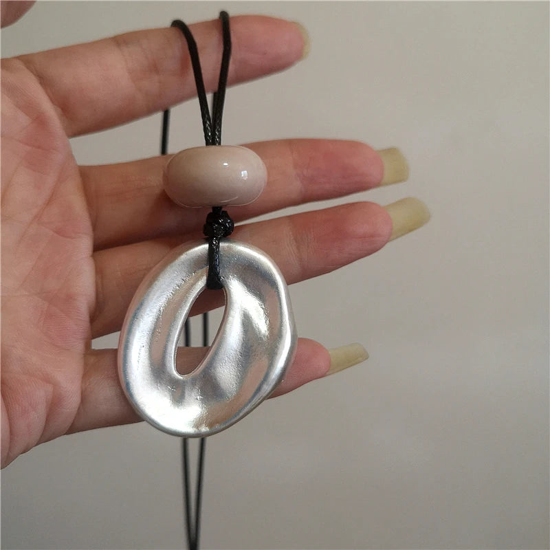 Geometric Irregular Metal Vortex Cross Pendant Long Rope Chain Beaded Necklace For Men Women Sweater Chain Jewelry Accessories