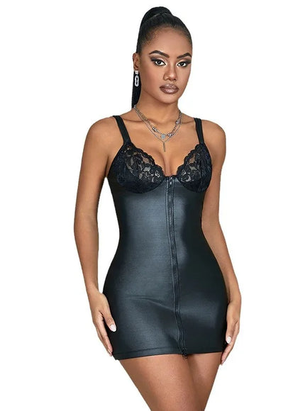 Plus Size Sexy woman zipper open faxu leather PU Dress lingerie set Clubwear night wear Hot from M-5XL