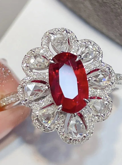 Fashion Drop Pendant Pear-shaped Zirconia Ring 925 Stamp High Quality Jewellery Imitation Natural Pigeon Blood Ruby Oval Ring