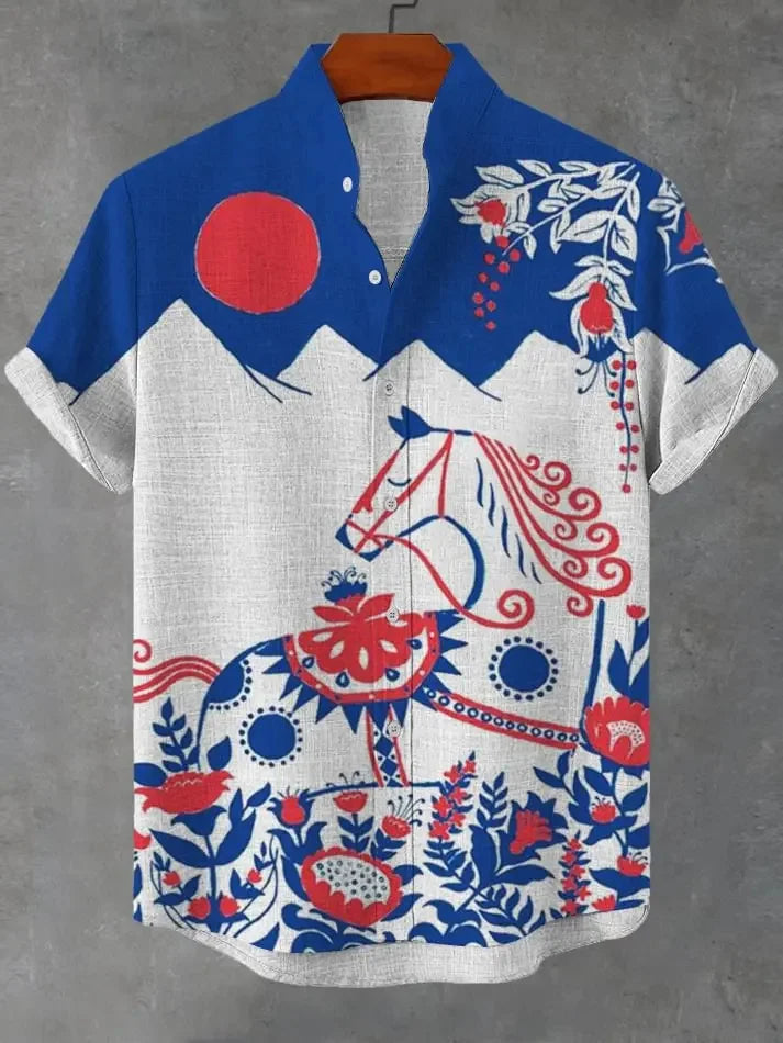 Summer Men's Printed Short Sleeve Shirt Vintage Linen Shirt Men's Festival Casual Short Sleeve Top Street Trend Fast Delivery