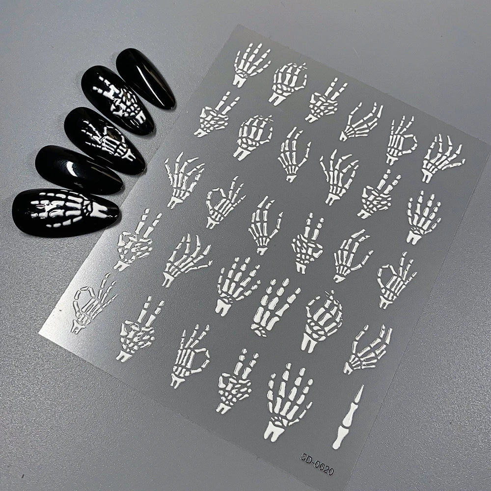 5D Skeleton Bat Halloween Nail Art Stickers y2k Black Bat White Skull Adhesive Emobossed Nail Decorative Decals Halloween Slider