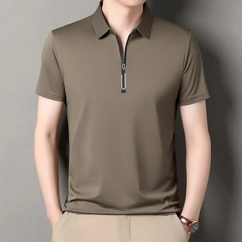New Men's Business Casual Zipper Short Sleeve Solid Color Polo Shirt Fashionable Warm Comfortable Four Seasons Versatile Top