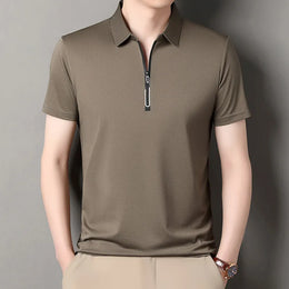 New Men's Business Casual Zipper Short Sleeve Solid Color Polo Shirt Fashionable Warm Comfortable Four Seasons Versatile Top