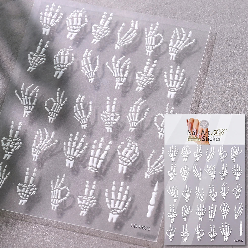 5D Skeleton Bat Halloween Nail Art Stickers y2k Black Bat White Skull Adhesive Emobossed Nail Decorative Decals Halloween Slider