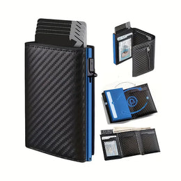 Men's Wallet with Zipper Coin Purse Automatic Pop-up Metal Credit Card Holder Minimalist RFID Blocking Business Card Wallet Idea