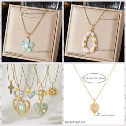 DIEYURO Multicolor Pastel Enamel Heart Cross Sun Floral Pendant Necklace Collection Lady Stainless Steel Waterproof Jewelry Gift