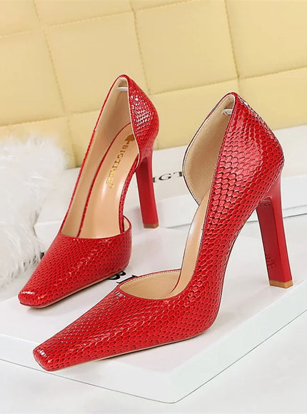 Woman Vintage Snake Print Pumps Square Toe Patent