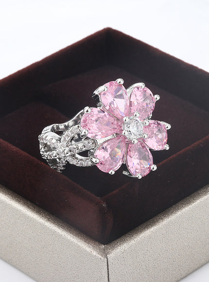 KissIcon Zircon Ring Pink Flower Peach 925 - Elegant Bloom