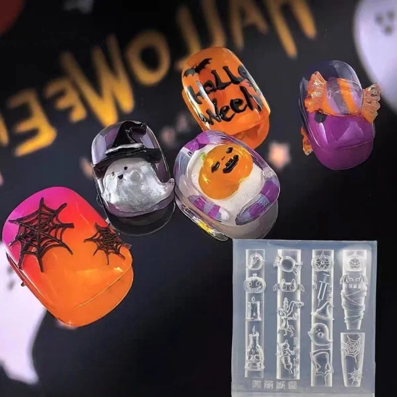 1 Halloween Pumpkin Skull Bat Ghost Spider Web Castle Candle Candy 3D Nail Decoration Holiday Dark Style Nail Mold