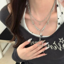 Women's Trendy Y2K Vintage Goth Star Pendant Necklace Multi Layered Simple Metal Chain Charm Statement Jewelry Gift