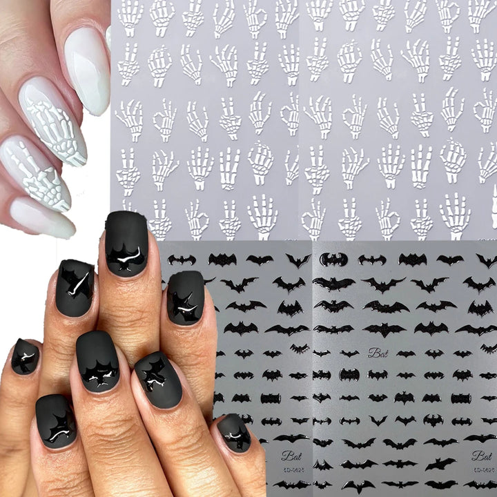 5D Skeleton Bat Halloween Nail Art Stickers y2k Black Bat White Skull Adhesive Emobossed Nail Decorative Decals Halloween Slider