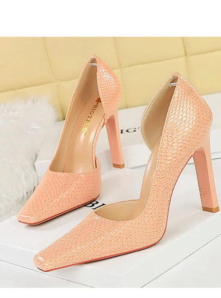 Woman Vintage Snake Print Pumps Square Toe Patent