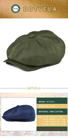 BOTVELA Newsboy Cap Men's Twill Cotton Eight Panel Hat Women's Baker Boy Caps Retro Big Large Hats Male Boina Black Beret 003
