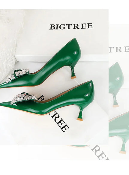 Women Green Pointed Toe Pumps Wedding Middle Low