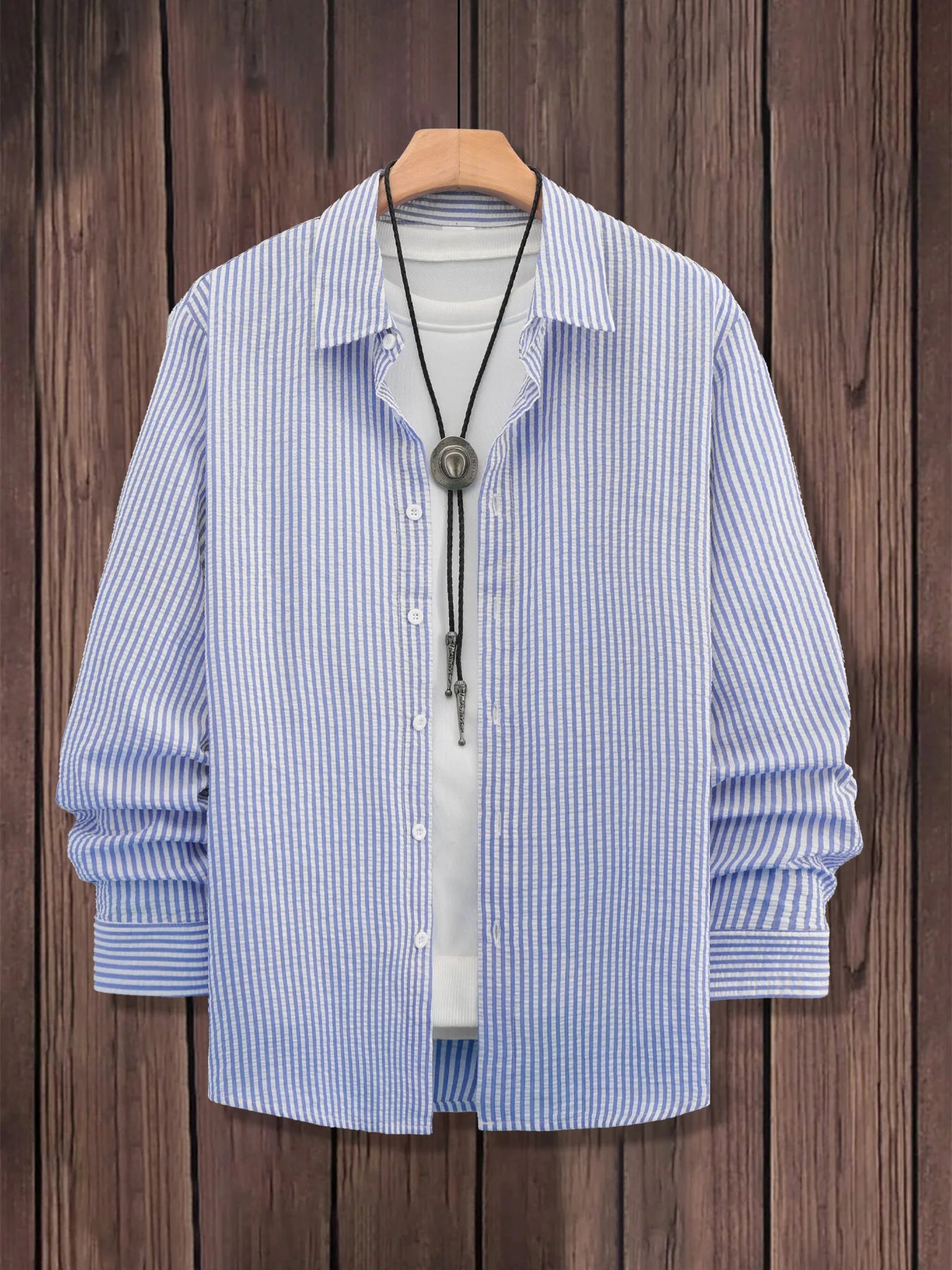 Men's Blue & White Vertical Stripe Seersucker Shirt, Versatile for Summer Casual & Commute