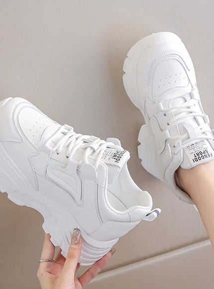 White Platform Women's Sneakers 2024 Spring Lace-Up Thick Bottom Vulcanize Shoes Woman Pu Leather Breathable Sports Shoes Ladies