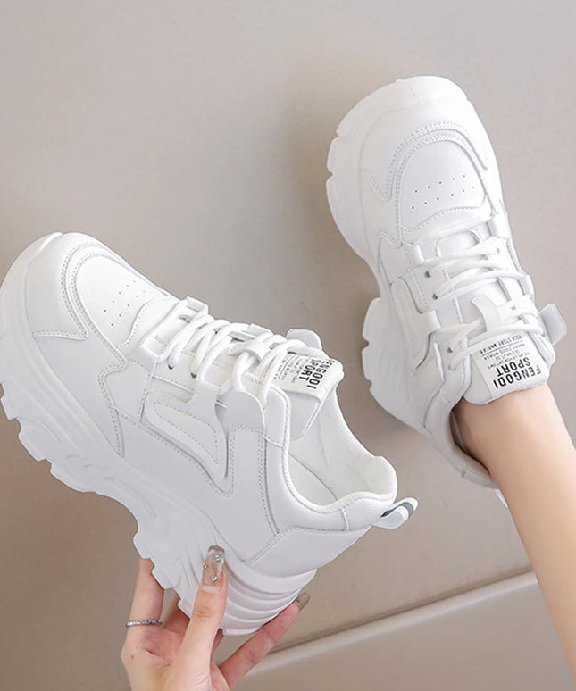 White Platform Women's Sneakers 2024 Spring Lace-Up Thick Bottom Vulcanize Shoes Woman Pu Leather Breathable Sports Shoes Ladies