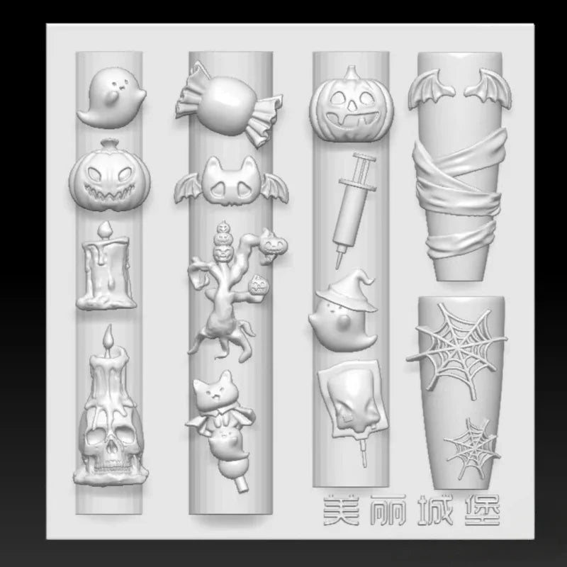 1 Halloween Pumpkin Skull Bat Ghost Spider Web Castle Candle Candy 3D Nail Decoration Holiday Dark Style Nail Mold