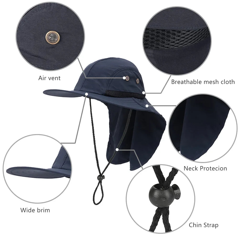 Unisex Sun Hiking Bucket Hat Wide Brim Safari Hats UV Sun Protection Cap with Neck Flap Fishing Adventuring Gardening Beach Caps