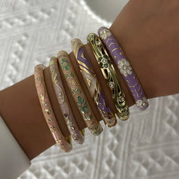 Elegant Enamel Dropped Glaze Flower Texture Bracelet For Women Retro Gold Plated Evil Eye Floral Zircon Bangle Party Jewelry