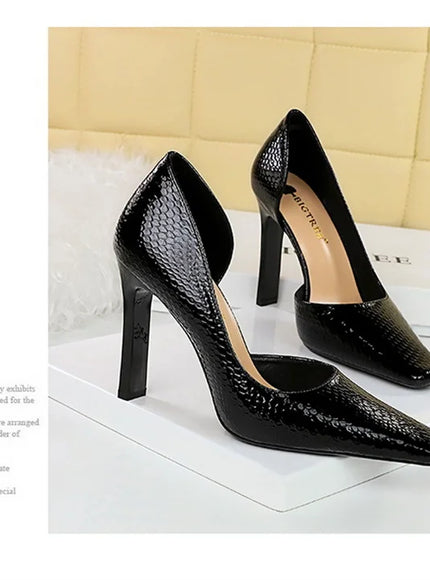 Woman Vintage Snake Print Pumps Square Toe Patent