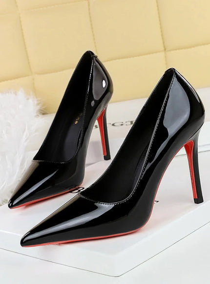 Fashionable Simple Slim Heels High Heels Glossy Patent