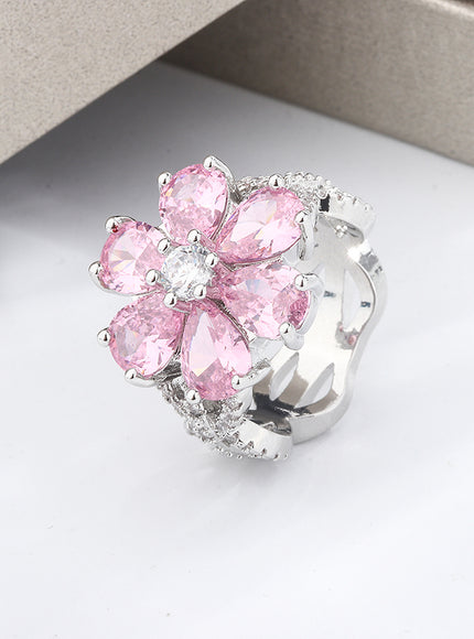 KissIcon Zircon Ring Pink Flower Peach 925 - Elegant Bloom